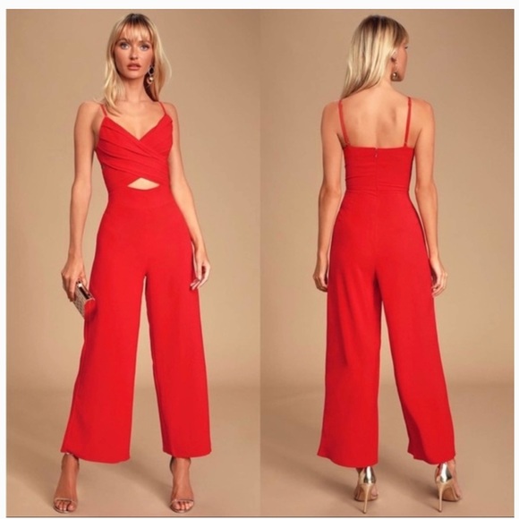 Lulus Pants - Lulu’s So Ladylike Red Surplice Cutout Jumpsuit